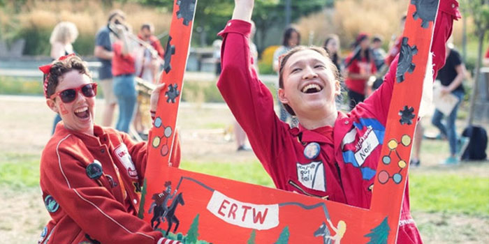 Engineering students in red jumpsuits participating on UBC Imagine Day
