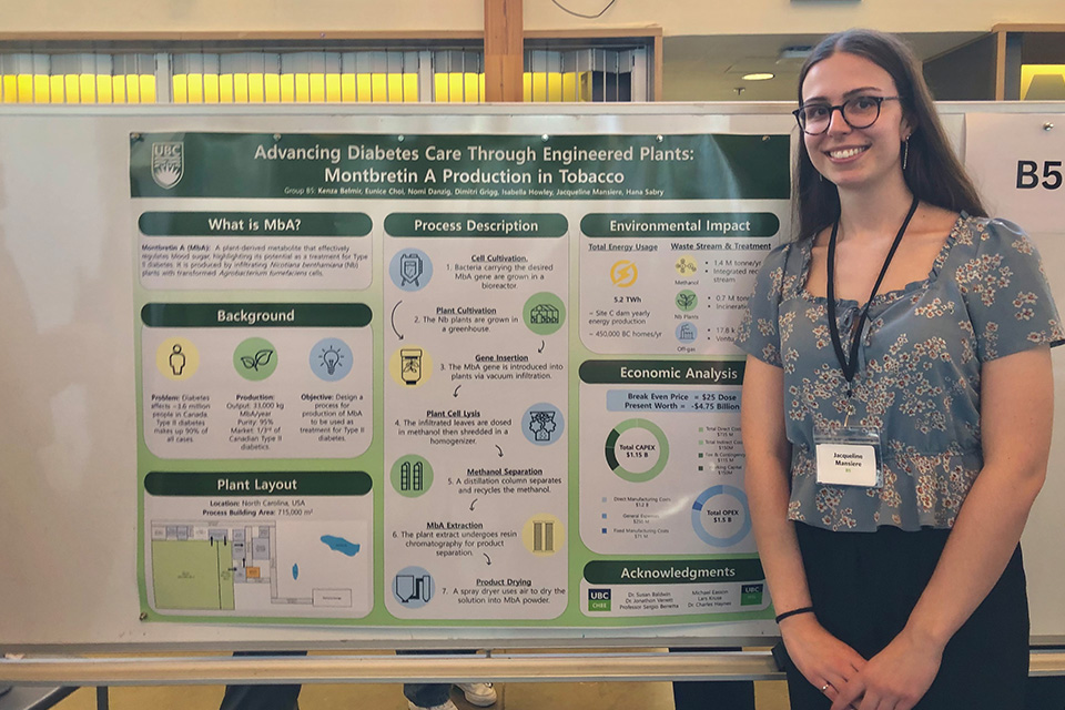 Jacqueline Mansiere poses in front of 2025 capstone project poster