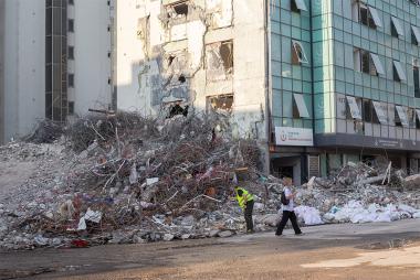 View of collapsed buildings in Iskenderun, a coastal city that experienced liquefaction-induced ground and structural failures.