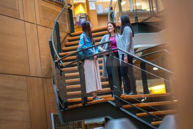 Students in a discussion while standing on stairs in the UBC Forestry building. 