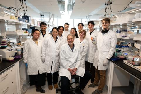 Dr. Peter Zandstra seated in a lab, surrounded by trainings, all wearing white lab coats. 