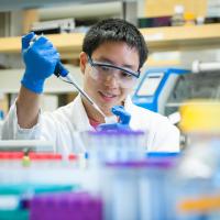 Student in a lab using a micropipette.
